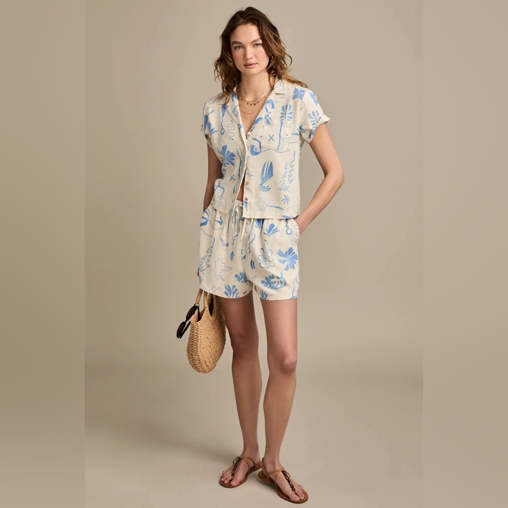 Lucky Brand XXL Beach Linen Shorts Blue Coral Print NWT Elastic Drawstring